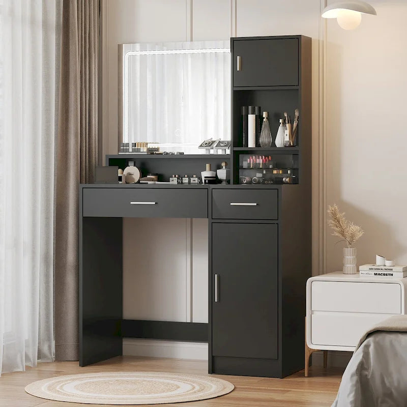 Coiffeuse avec miroir lumineux LED, tiroirs et rangement en armoire