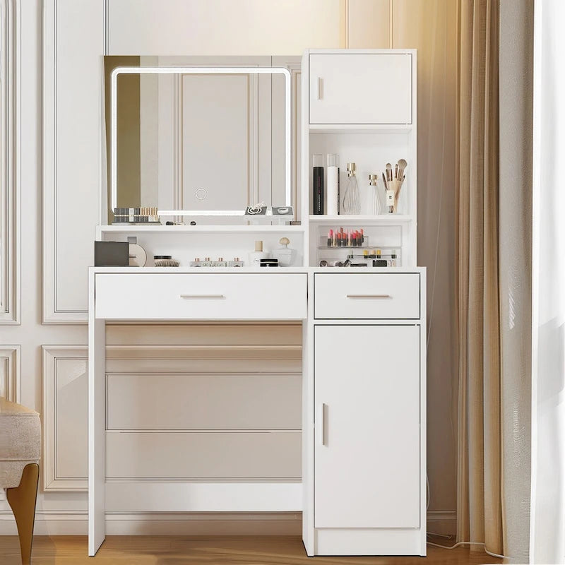Coiffeuse avec miroir lumineux LED, tiroirs et rangement en armoire
