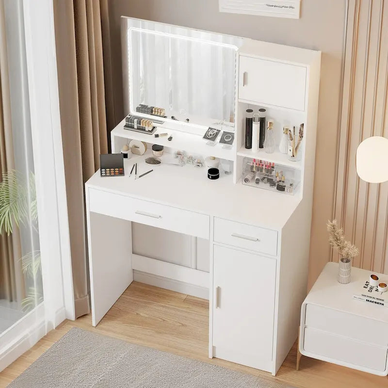 Coiffeuse avec miroir lumineux LED, tiroirs et rangement en armoire