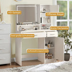 Coiffeuse avec miroir lumineux LED, tiroirs et rangement en armoire