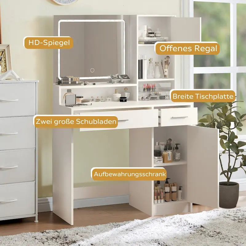 Coiffeuse avec miroir lumineux LED, tiroirs et rangement en armoire
