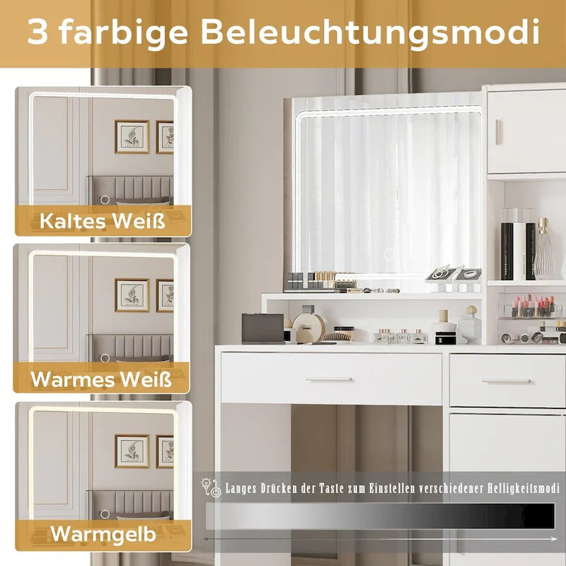 Coiffeuse avec miroir lumineux LED, tiroirs et rangement en armoire