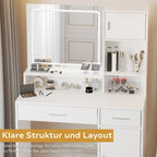 Coiffeuse avec miroir lumineux LED, tiroirs et rangement en armoire