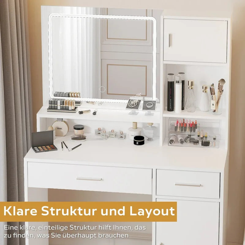 Coiffeuse avec miroir lumineux LED, tiroirs et rangement en armoire