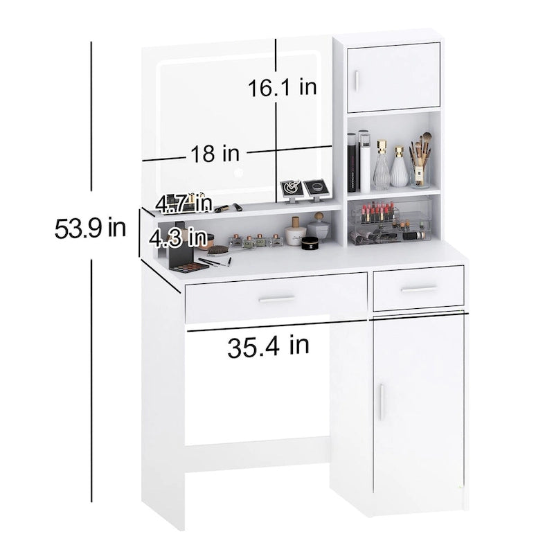 Coiffeuse avec miroir lumineux LED, tiroirs et rangement en armoire