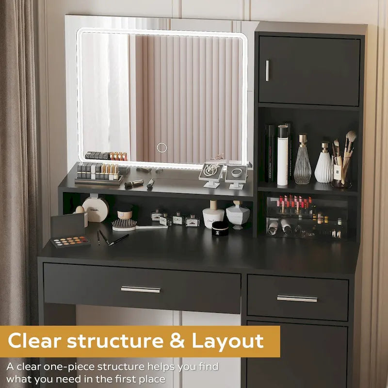 Coiffeuse avec miroir lumineux LED, tiroirs et rangement en armoire