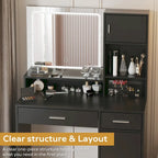 Coiffeuse avec miroir lumineux LED, tiroirs et rangement en armoire
