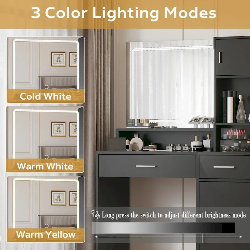 Coiffeuse avec miroir lumineux LED, tiroirs et rangement en armoire