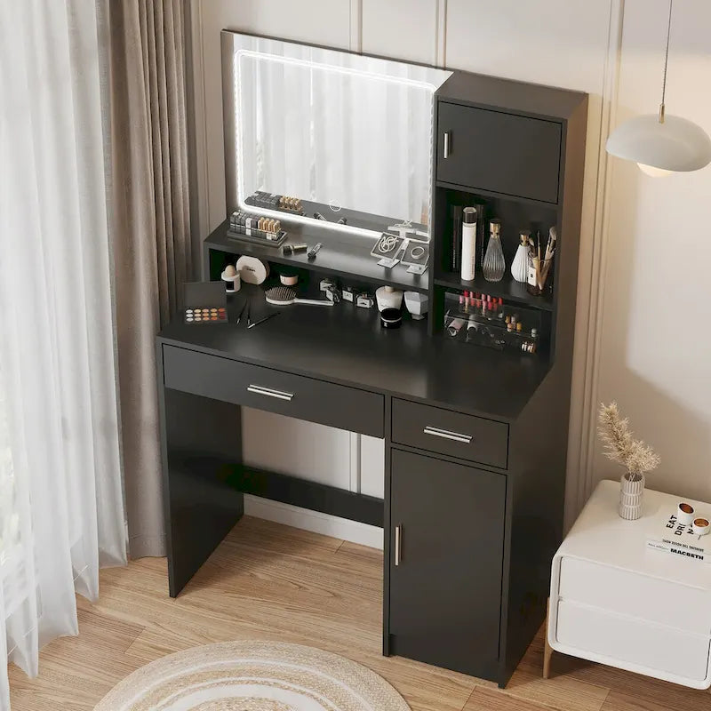 Coiffeuse avec miroir lumineux LED, tiroirs et rangement en armoire