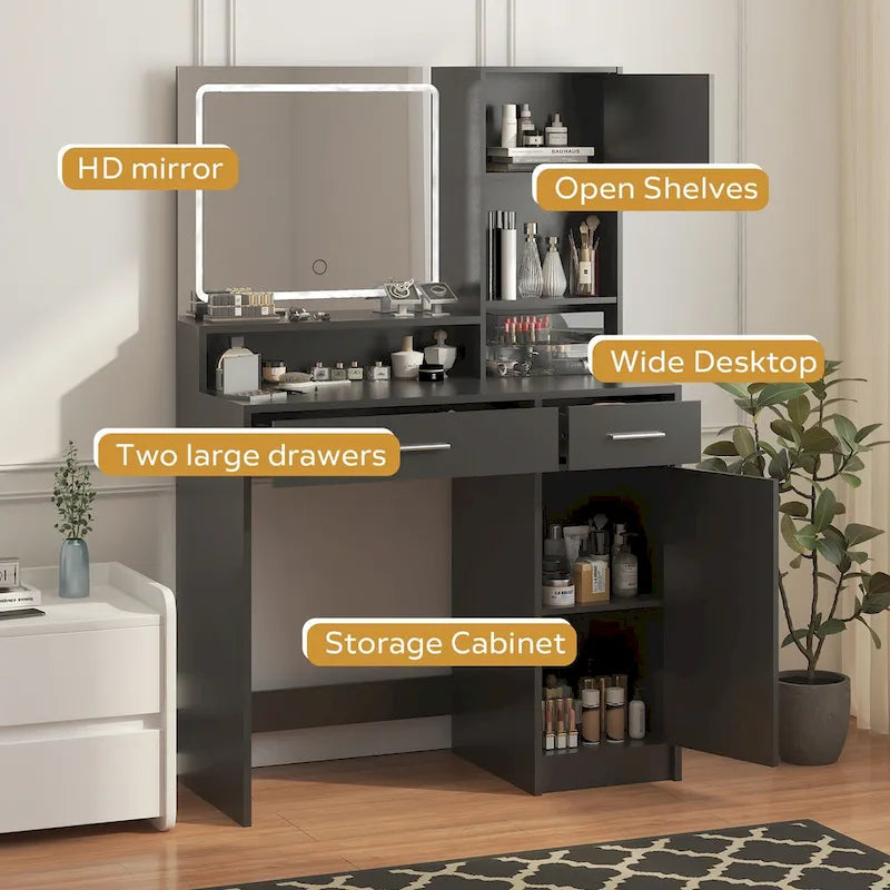 Coiffeuse avec miroir lumineux LED, tiroirs et rangement en armoire