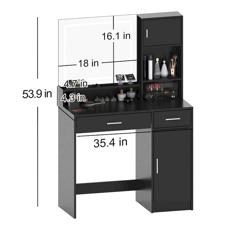 Coiffeuse avec miroir lumineux LED, tiroirs et rangement en armoire